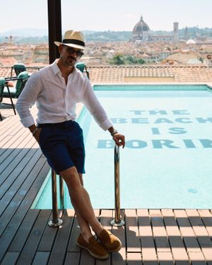 Blue Linen Bermuda Shorts with White Shirt