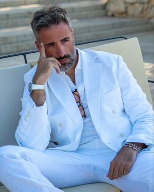All-White Linen Double-Breasted Suit with V-Neck T-Shirt