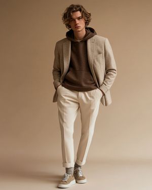 Beige Blazer with Brown Hoodie and Cream Trousers