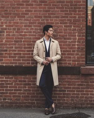 Beige Trench Coat with Navy Suit and White Shirt