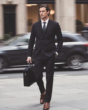 Navy Blue Pinstripe Suit with Striped Tie