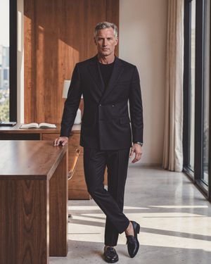 Navy Blue Pinstripe Double-Breasted Suit with Black T-Shirt