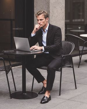Black Suit with Light Blue Dress Shirt