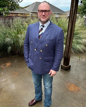 Blue Double-Breasted Blazer with Jeans