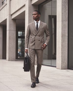 Brown Double-Breasted Suit with White Dress Shirt and Black Tie
