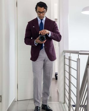 Burgundy Blazer with Light Grey Trousers and Blue Tie