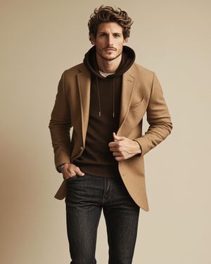 Camel Blazer with Brown Hoodie and Dark Jeans
