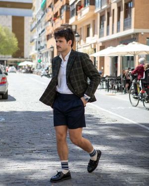 Checked Blazer with White Dress Shirt and Navy Bermuda Shorts
