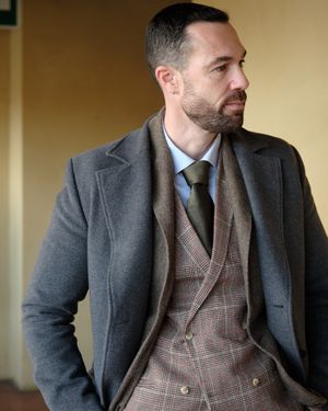 Gray Wool Overcoat with Plaid Double-Breasted Suit