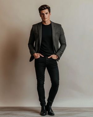 Grey Textured Blazer with Black T-shirt and Slim Black Jeans
