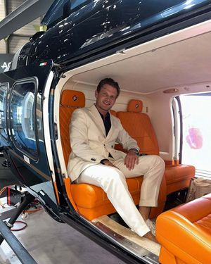 Ivory Double-Breasted Suit with Black Shirt and White Sneakers