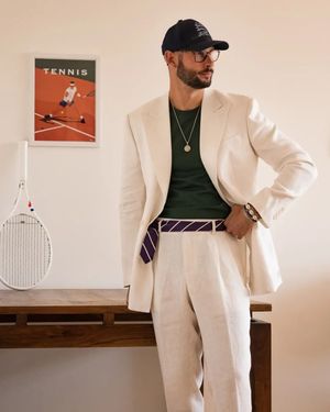 Ivory Linen Suit with Dark Green T-Shirt and Purple Belt