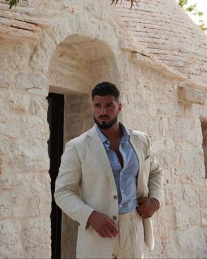 Ivory Linen Suit with Light Blue Shirt