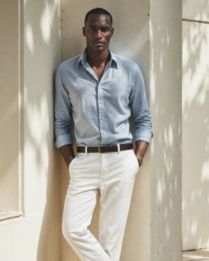 Light Blue Linen Shirt with White Trousers
