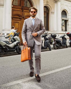 Grey Double-Breasted Suit with White Shirt and Blue Tie