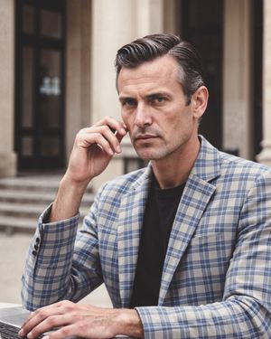 Light Gray Plaid Blazer with Black T-Shirt and Trousers