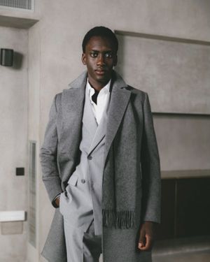 Light Grey Coat with Three-Piece Suit and Scarf