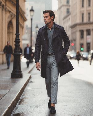 Navy Trench Coat with Slate Blue Polo and Light Grey Trousers