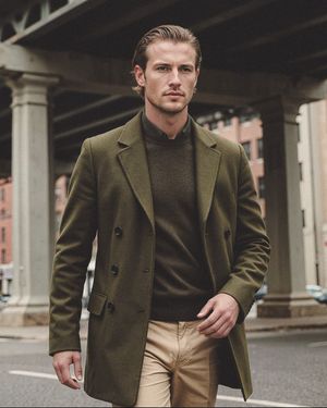 Olive Green Overcoat with Khaki Trousers
