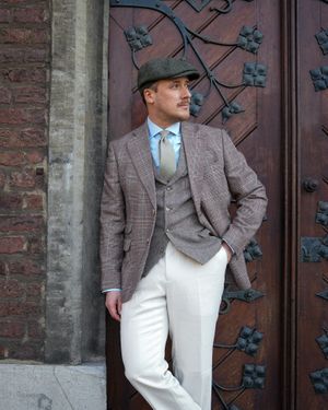 Plaid Blazer with Tweed Vest and Ivory Trousers