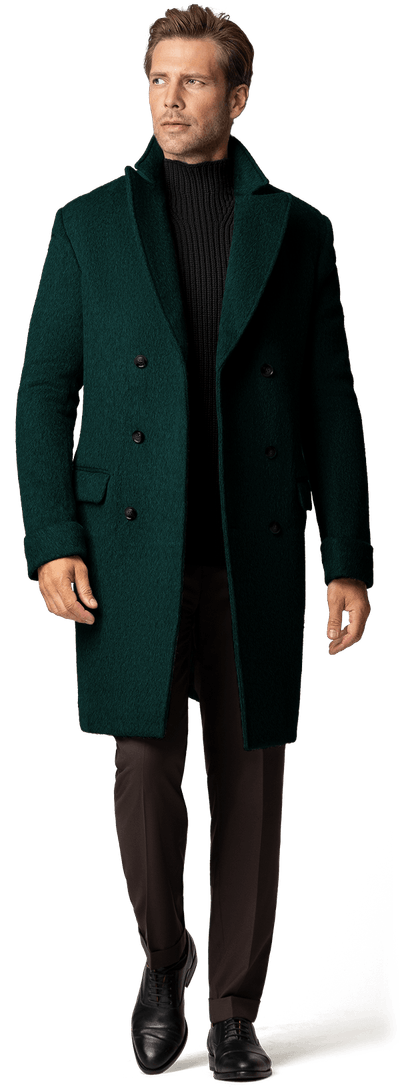 Alpaca Teal long Double Breasted Coat with peak lapels & blue lining