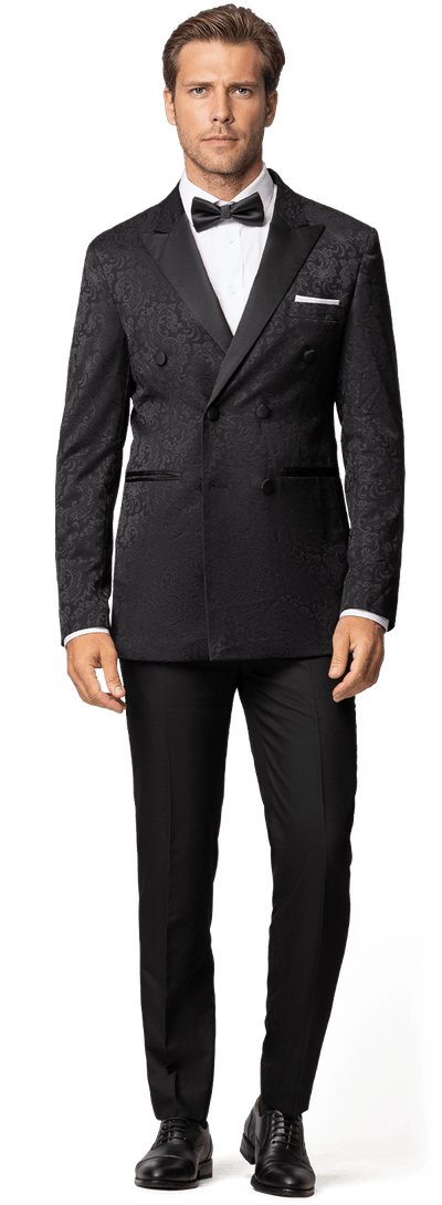 Dark blue paisley jacquard double-breasted Tuxedo Jacket with black lapel & black Trousers