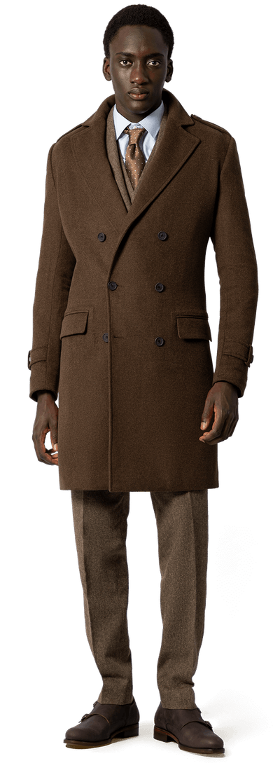 Brown long Double breasted overcoat with epaulettes