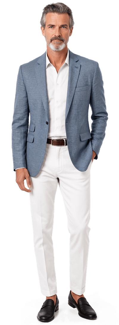 Mid blue herringbone linen-cotton wide lapel Jacket