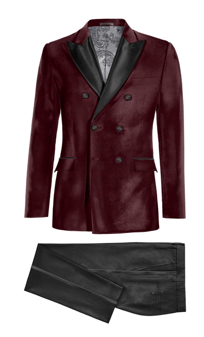 Burgundy velvet double-breasted Tuxedo Jacket with black lapel & black Trousers
