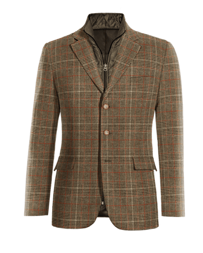 Brown prince of wales tweed limited 3-buttons Suit Jacket with elbow patches with padded gilet piece